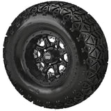 22x11.00-10 Black Trail II Tires on Matte Black Revenge Golf Cart Wheels with Color Inserts