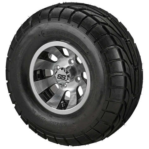 22x10.00-10 LSI Elite A/T Tires on Black/Machined Gunslinger Golf Cart Wheels