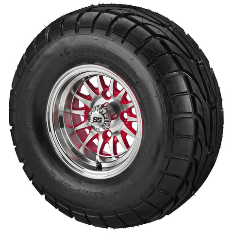 22x10.00-10 LSI Elite A/T Tires on Red/Machined 14-Spoke Golf Cart Wheels