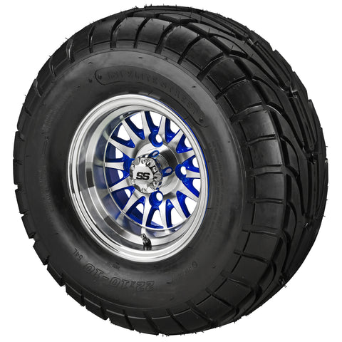 22x10.00-10 LSI Elite A/T Tires on Blue/Machined 14-Spoke Golf Cart Wheels