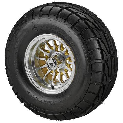 22x10.00-10 LSI Elite A/T Tires on Gold/Machined 14-Spoke Golf Cart Wheels