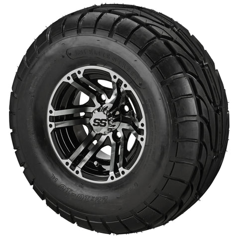 22x10.00-10 LSI Elite A/T Tires on Black/Machined Yukon Golf Cart Wheels