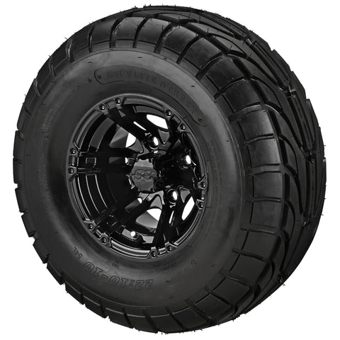 22x10.00-10 LSI Elite A/T Tires on Gloss Black Yukon Golf Cart Wheels