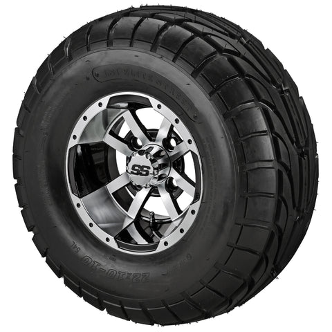 22x10.00-10 LSI Elite A/T Tires on Black/Machined Maltese Cross Golf Cart Wheels