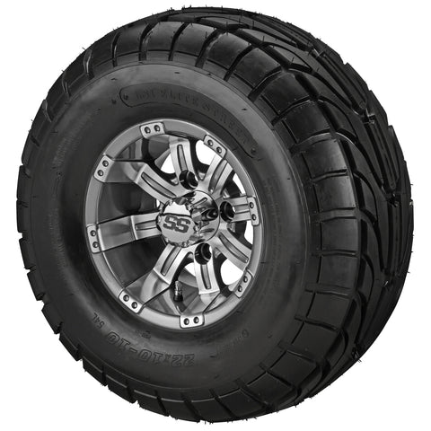 22x10.00-10 LSI Elite A/T Tires on Gun Metal Gray/Machined Casino Golf Cart Wheels