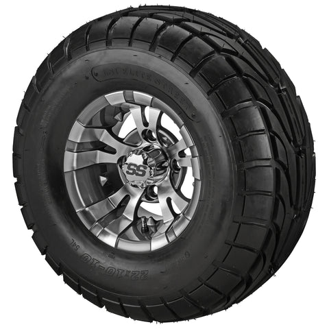 22x10.00-10 LSI Elite A/T Tires on Gun Metal Gray/Machined Warlock Golf Cart Wheels