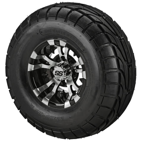 22x10.00-10 LSI Elite A/T Tires on Black/Machined Warlock Golf Cart Wheels
