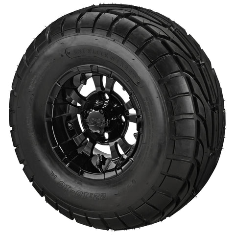 22x10.00-10 LSI Elite A/T Tires on Gloss Black Warlock Golf Cart Wheels