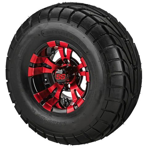 22x10.00-10 LSI Elite A/T Tires on Red/Black Warlock Golf Cart Wheels