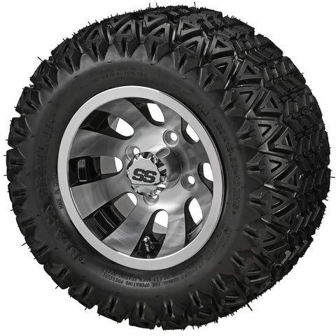 20x10.00-10 Black Trail II Tires on Black/Machined Gunslinger Golf Cart Wheels