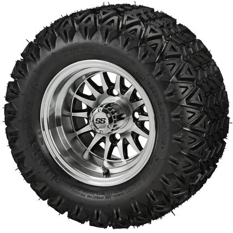 20x10.00-10 Black Trail II Tires on Black/Machined 14-Spoke Golf Cart Wheels