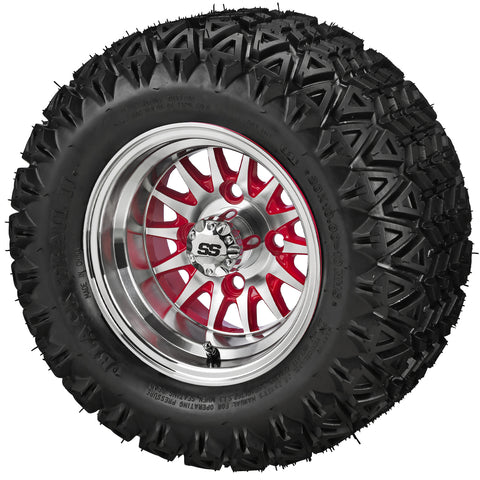 20x10.00-10 Black Trail II Tires on Red/Machined 14-Spoke Golf Cart Wheels