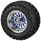 20x10.00-10 Black Trail II Tires on Blue/Machined 14-Spoke Golf Cart Wheels