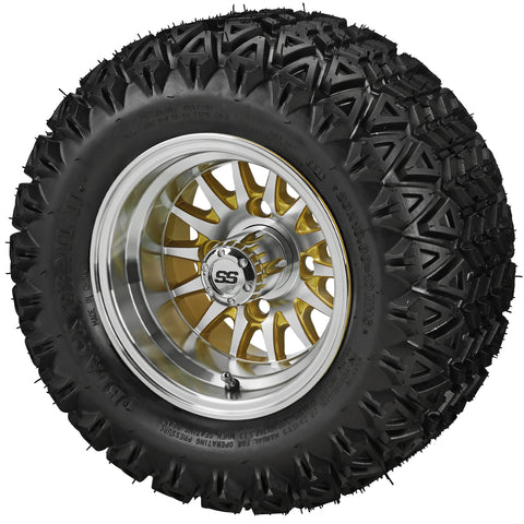 20x10.00-10 Black Trail II Tires on Gold/Machined 14-Spoke Golf Cart Wheels