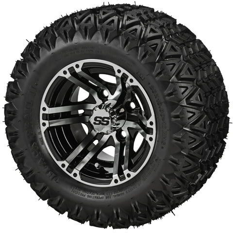 20x10.00-10 Black Trail II Tires on Black/Machined Yukon Golf Cart Wheels