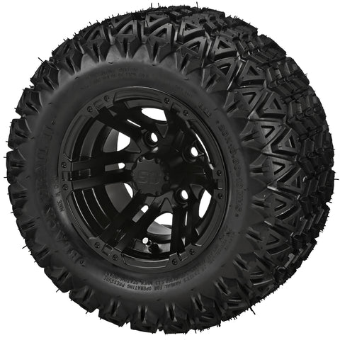 20x10.00-10 Black Trail II Tires on Matte Black Yukon Golf Cart Wheels