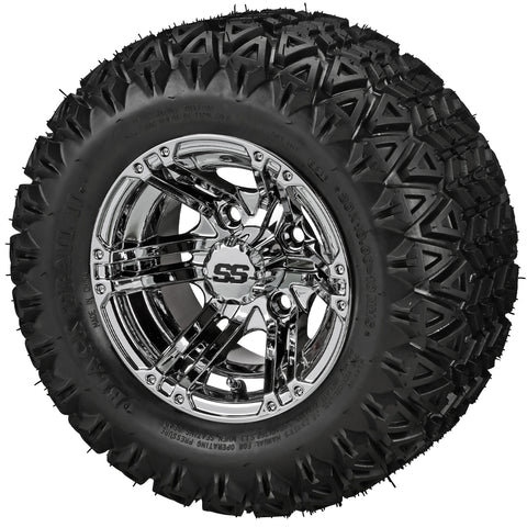 20x10.00-10 Black Trail II Tires on Mirror Yukon Golf Cart Wheels