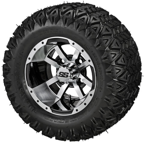 20x10.00-10 Black Trail II Tires on Black/Machined Maltese Cross Golf Cart Wheels