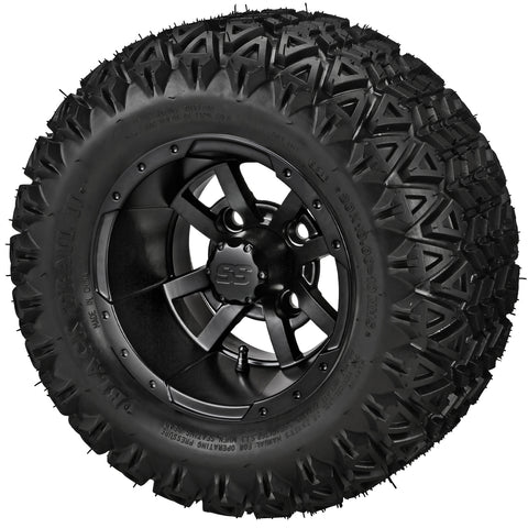 20x10.00-10 Black Trail II Tires on Matte Black Maltese Cross Golf Cart Wheels