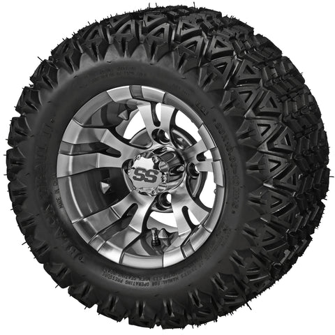 20x10.00-10 Black Trail II Tires on Gun Metal Gray/Machined Warlock Golf Cart Wheels