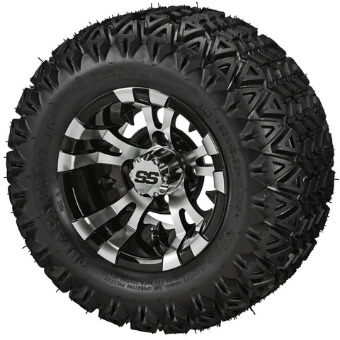 20x10.00-10 Black Trail II Tires on Black/Machined Warlock Golf Cart Wheels