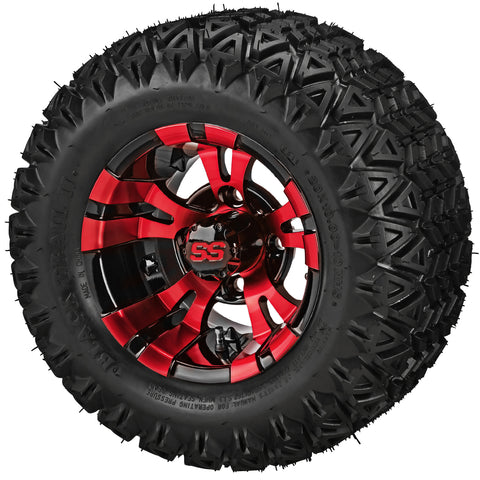 20x10.00-10 Black Trail II Tires on Red/Black Warlock Golf Cart Wheels