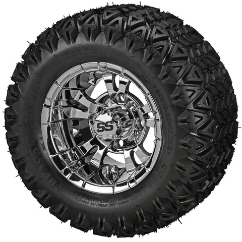 20x10.00-10 Black Trail II Tires on Mirror Warlock Golf Cart Wheels