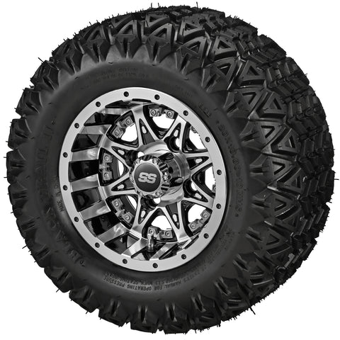20x10.00-10 Black Trail II Tires on Black/Machined Revenge Golf Cart Wheels with Color Inserts