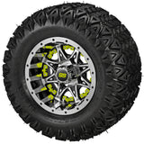 20x10.00-10 Black Trail II Tires on Black/Machined Revenge Golf Cart Wheels with Color Inserts