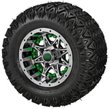 20x10.00-10 Black Trail II Tires on Black/Machined Revenge Golf Cart Wheels with Color Inserts