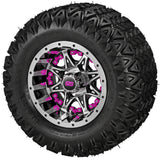 20x10.00-10 Black Trail II Tires on Black/Machined Revenge Golf Cart Wheels with Color Inserts
