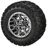 20x10.00-10 Black Trail II Tires on Black/Machined Revenge Golf Cart Wheels with Color Inserts