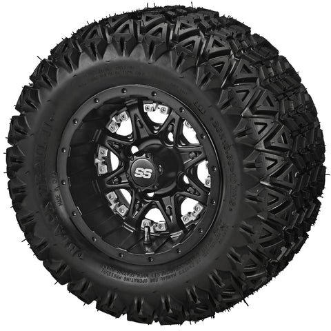 20x10.00-10 Black Trail II Tires on Matte Black Revenge Golf Cart Wheels with Color Inserts