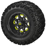 20x10.00-10 Black Trail II Tires on Matte Black Revenge Golf Cart Wheels with Color Inserts