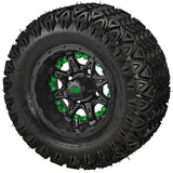 20x10.00-10 Black Trail II Tires on Matte Black Revenge Golf Cart Wheels with Color Inserts