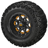 20x10.00-10 Black Trail II Tires on Matte Black Revenge Golf Cart Wheels with Color Inserts