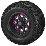 20x10.00-10 Black Trail II Tires on Matte Black Revenge Golf Cart Wheels with Color Inserts