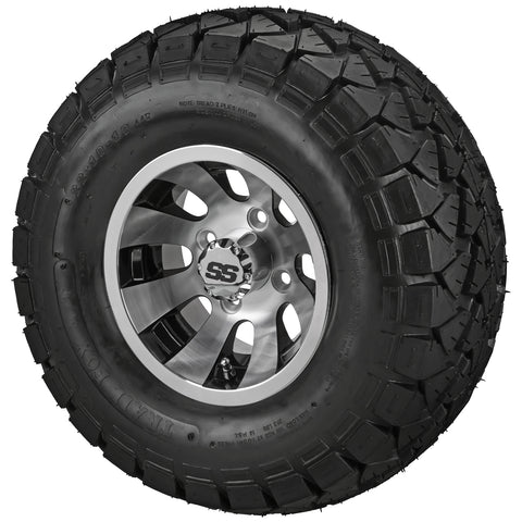 22x10.00-10 Trail Fox A/T Tires on Black/Machined Gunslinger Golf Cart Wheels