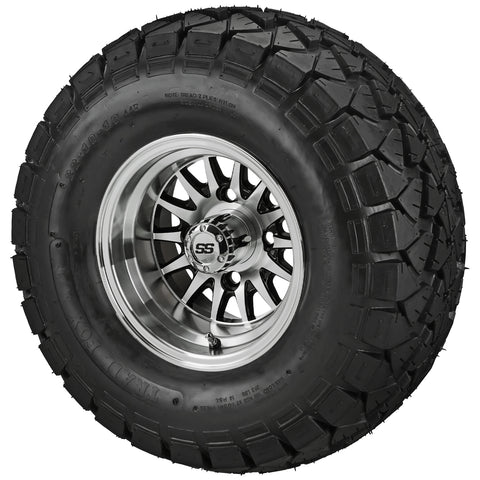 22x10.00-10 Trail Fox A/T Tires on Black/Machined 14-Spoke Golf Cart Wheels