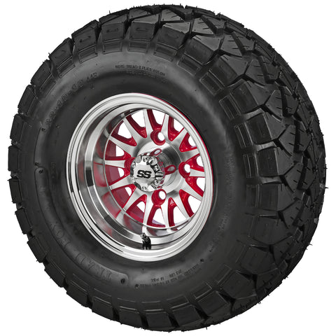 22x10.00-10 Trail Fox A/T Tires on Red/Machined 14-Spoke Golf Cart Wheels