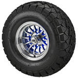 22x10.00-10 Trail Fox A/T Tires on Blue/Machined 14-Spoke Golf Cart Wheels