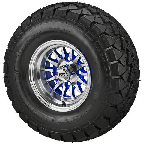 22x10.00-10 Trail Fox A/T Tires on Blue/Machined 14-Spoke Golf Cart Wheels