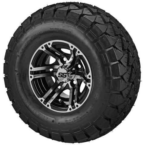 22x10.00-10 Trail Fox A/T Tires on Black/Machined Yukon Golf Cart Wheels