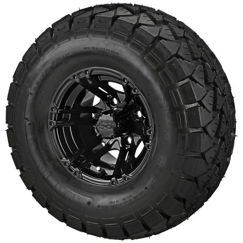 22x10.00-10 Trail Fox A/T Tires on Gloss Black Yukon Golf Cart Wheels