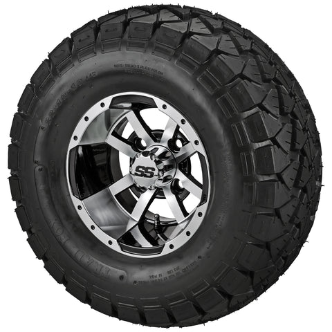 22x10.00-10 Trail Fox A/T Tires on Black/Machined Maltese Cross Golf Cart Wheels