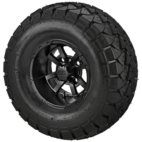 22x10.00-10 Trail Fox A/T Tires on Matte Black Maltese Cross Golf Cart Wheels