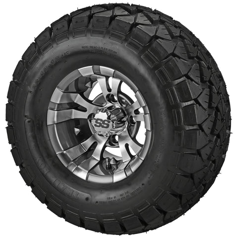22x10.00-10 Trail Fox A/T Tires on Gun Metal Gray/Machined Warlock Golf Cart Wheels