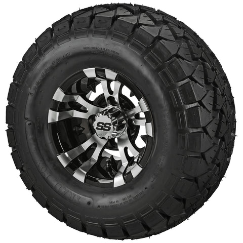 22x10.00-10 Trail Fox A/T Tires on Black/Machined Warlock Golf Cart Wheels