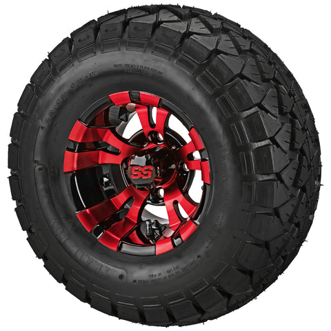 22x10.00-10 Trail Fox A/T Tires on Red/Black Warlock Golf Cart Wheels