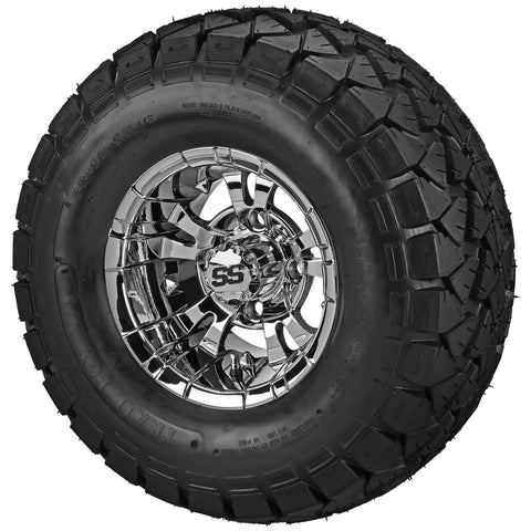 22x10.00-10 Trail Fox A/T Tires on Mirror Warlock Golf Cart Wheels